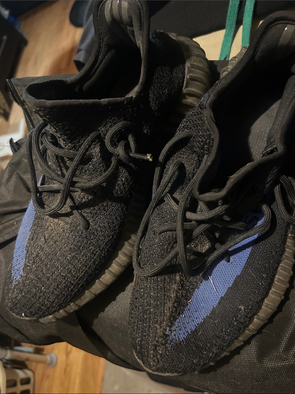 Yeezy Men's Black Knit Sneakers with Blue Stripe
